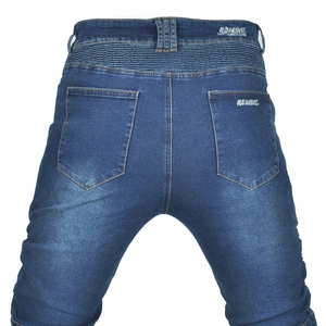 Detail of accordion stretch panels on high waist denim motorcycle riding pants