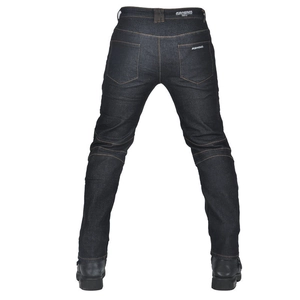 Deep blue elastic motorcycle jeans with protective knee pleats and high waist cut