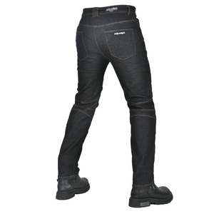 Detail of motorcycle denim jeans showing elasticated panels and white brand embroidery