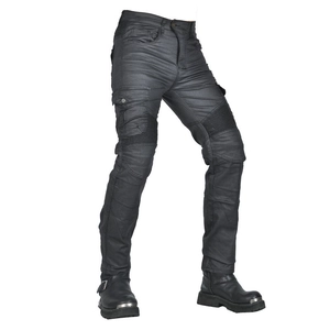 Men's vintage motorcycle cargo pants with protective padding and knee stretch panels