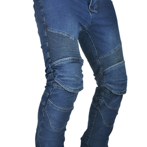 Close-up of flexible accordion stretch panels on blue motorcycle riding jeans for mobility