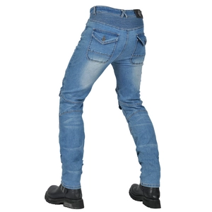 Men's light blue slim fit motorcycle jeans with protective stretch accordion panels