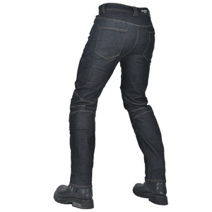 Detail view of denim motorcycle jeans with elastic accordion panels for flexibility