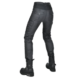 Rear view of black coated motorcycle cargo pants with multi-pockets and accordion pleats