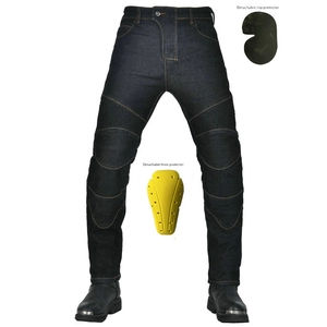 Detail of motorcycle jeans with accordion stretch panels and removable CE armor pads