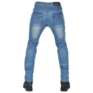 Detail of light blue motorcycle jeans with elastic accordion panels and flap rear pockets