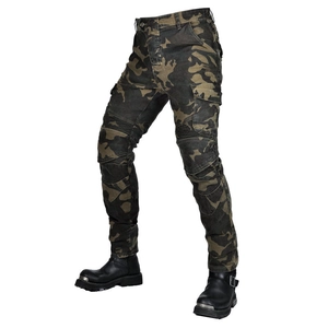 Detail of reinforced accordion stretch knees on camo motorcycle riding trousers