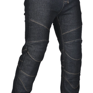 Mens dark blue motorcycle riding jeans with protective stretch panels and classic straight fit