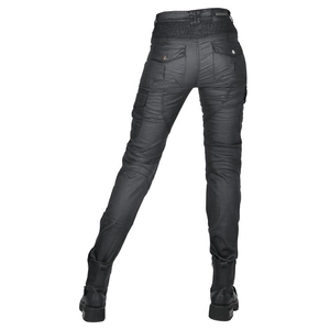 Rear view of women's vintage motorcycle cargo pants with stretch panels and pockets