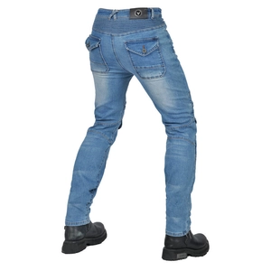 Detail of light blue motorcycle jeans with accordion stretch panels and flap back pockets