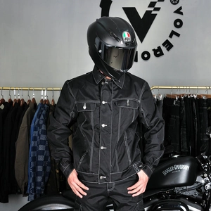 Veste moto homme en tissu Oxford noir avec surpiqûres blanches et protection imperméable
