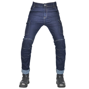 Men's dark blue motorcycle riding jeans with protective knee pads and cargo pockets