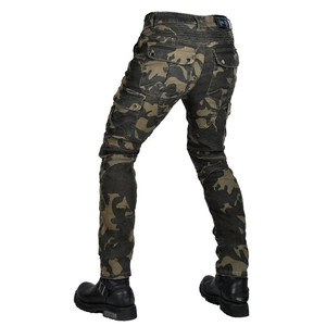 Detail view of camouflage motorcycle pants featuring stretch panels and cargo pockets