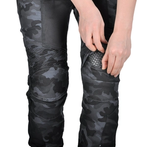 Detail of motorcycle camo pants showing knee armor insertion and breathable mesh