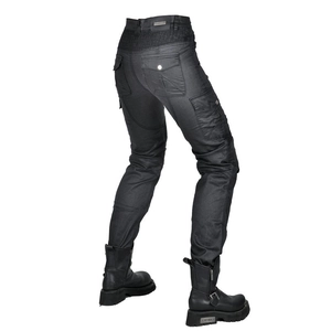 Close-up of black coated motorcycle jeans with elastic pleated knee and back details