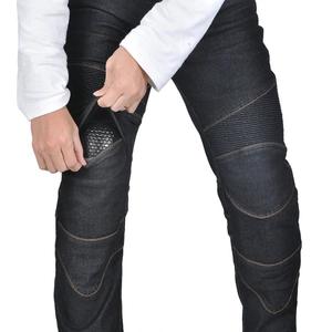 Classic blue motorcycle jeans with built-in knee protectors and stretch panels for riders