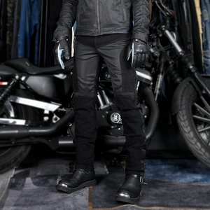 Men's black mesh motorcycle riding jeans with protective pads and slim fit design