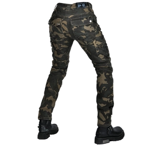 Detail of camouflage motorcycle pants featuring elastic knee pleats and cargo pockets