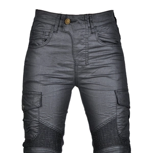Detail of dark grey metallic motorcycle pants with knee pleats and cargo pockets