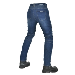 Detail of motorcycle jeans showing elastic accordion panels for flexible riding movement