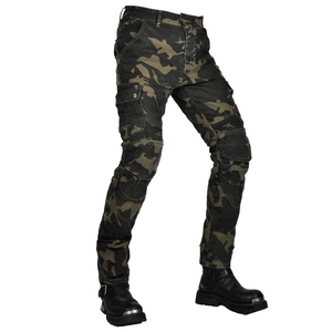 Detail view of camouflage motorcycle pants featuring reinforced knee pleats and side cargo pockets