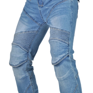 Detail view of motorcycle jeans featuring stretch accordion panels and knee armor pockets