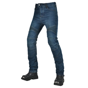 Close-up of deep blue motorcycle riding jeans with accordion stretch panels at knees