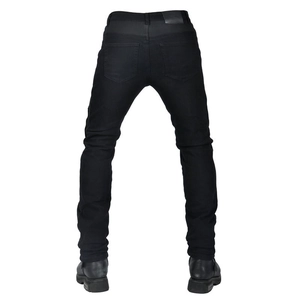 Slim fit black motorcycle denim jeans with breathable mesh shown from a rear perspective