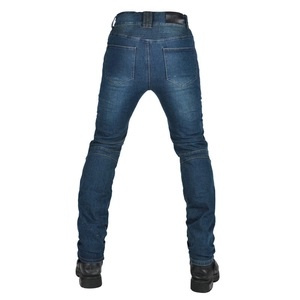 Detail of motorcycle jeans featuring stretch accordion panels on the waist and knees