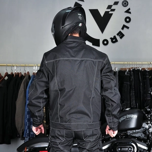 Veste de moto imperméable pour homme noire avec détails de coutures blanches contrastées