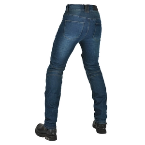 Detail of vintage blue motorcycle racing jeans with stretch accordion panels for flexibility