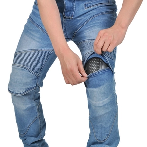 Detail view of motorcycle jeans with knee accordion panels and removable CE armor pads