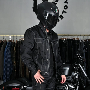Veste de moto imperméable en denim noir avec surpiqûres blanches contrastées pour motards