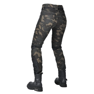 Detailed back view of camo motorcycle pants with elastic stretch panels and biker boots