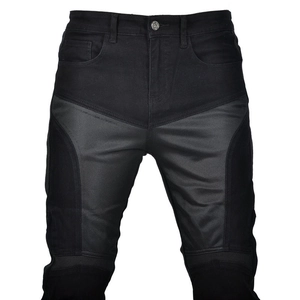 Detail of mesh breathable motorcycle jeans with protective pads and accordion panels