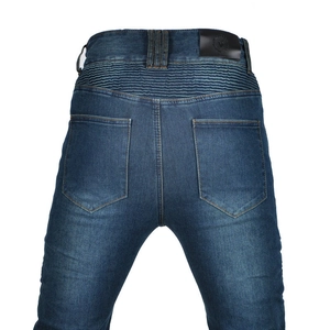 Detail of rear accordion stretch panels on blue motorcycle riding jeans for flexibility