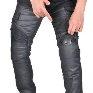Men's black motorcycle jeans with protective pads and accordion panels for riding