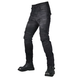 Slim-fit black motorcycle racing jeans featuring protective accordion stretch panels