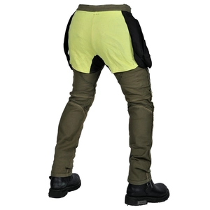 Detail view of military green biker jeans with Kevlar panels and ergonomic leg design