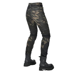 Detail view of camouflage motorcycle pants featuring protective knee articulation and slim fit
