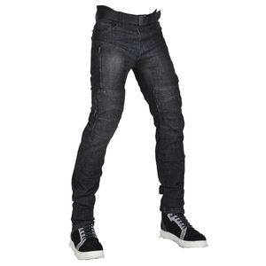 Close-up of durable motorcycle denim pants with protective knee pleats and side zip pockets