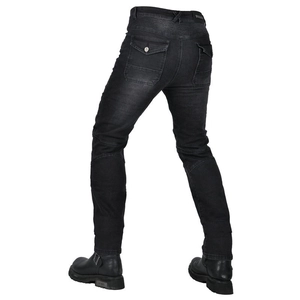 Detail of dark grey motorcycle jeans showing accordion stretch panels and protective stitching