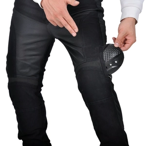 Detail of motorcycle pants featuring side hip armor pockets and breathable mesh panels