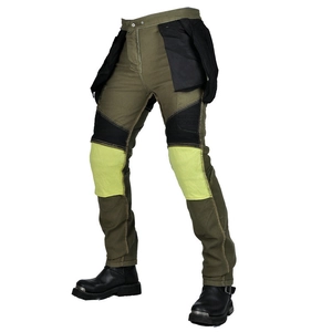 Detailed view of motorcycle riding jeans with reinforced knee armor and fluorescent patches
