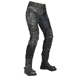 Detail of summer camo motorcycle pants showing knee stretch panels and reinforced fabric