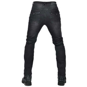Men's charcoal gray motorcycle jeans with protective knee pleats and accordion stretch panels
