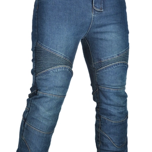 Detail of blue motorcycle jeans featuring protective accordion stretch panels on the knees