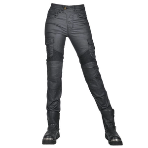Women's vintage coated motorcycle cargo pants with multi-pockets and knee protection