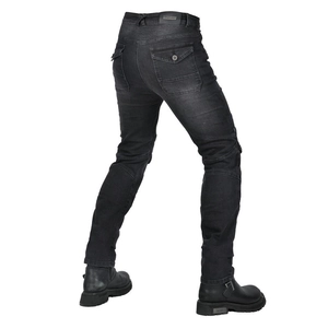Men's motorcycle riding jeans in washed black denim with accordion stretch panels
