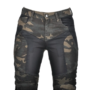 Detail of camouflage biker pants with breathable mesh panels and articulated stretch knees